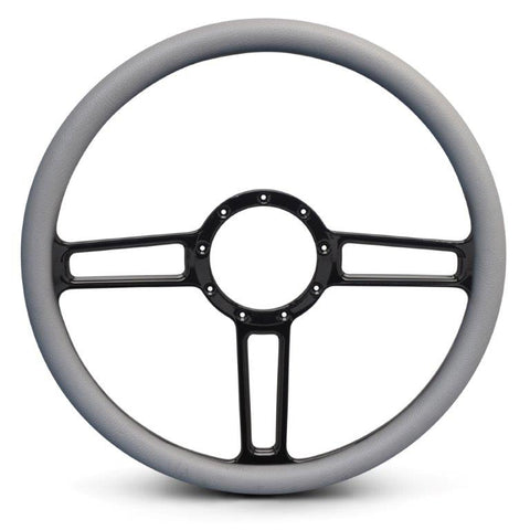 Steering Wheel,Launch style,Aluminum,15 1/2,Half-wrap,Made in the USA,Gloss black anodized spokes,Grey grip