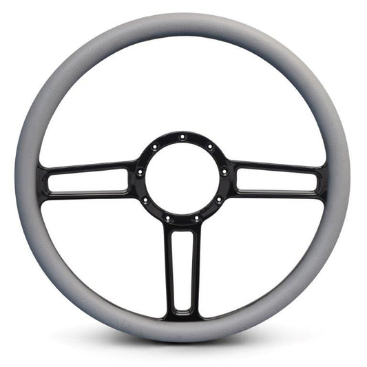 Steering Wheel,Launch style,Aluminum,15 1/2,Half-wrap,Made in the USA,Gloss black Fusioncoat spokes,Grey grip