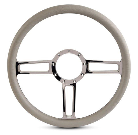 Steering Wheel,Launch style,Aluminum,15 1/2,Half-wrap,Made in the USA,bright clear coat spokes,Grey grip