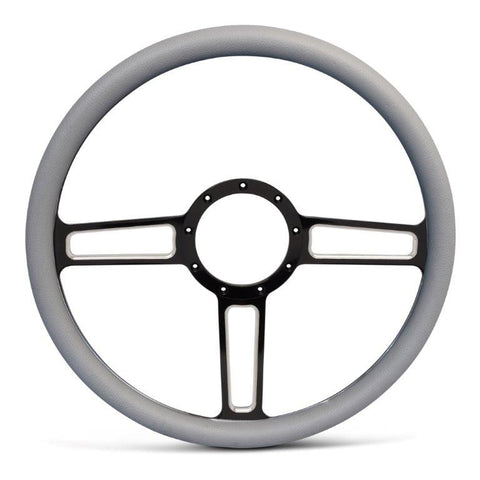 Steering Wheel,Launch style,Aluminum,15 1/2,Half-wrap,Made in USA,Black spokes w/machinedhighlights,Grey grip
