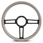 Steering Wheel,Launch style,Aluminum,15 1/2,Half-wrap,Made in the USA,Matte black Fusioncoat spokes,Grey grip