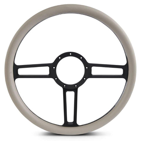 Steering Wheel,Launch style,Aluminum,15 1/2,Half-wrap,Made in the USA,Matte black Fusioncoat spokes,Grey grip