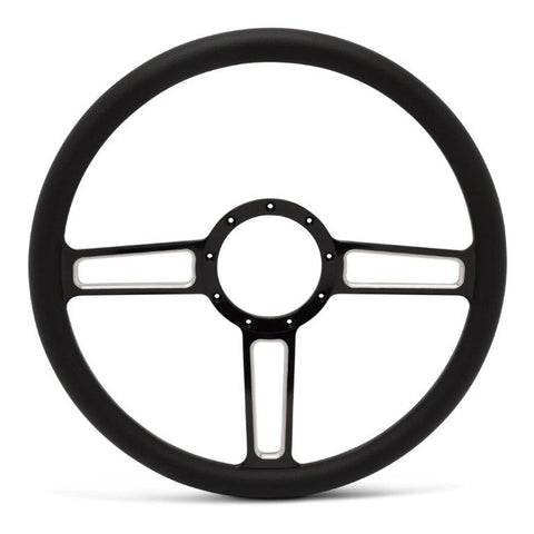 Steering Wheel,Launch style,Aluminum,15 1/2,Half-wrap,Made in USA,Black spokes w/machinedhighlights,Black grip