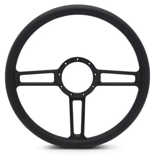 Steering Wheel,Launch style,Aluminum,15 1/2,Half-wrap,Made in the USA,Matte black Fusioncoat spokes,Black grip