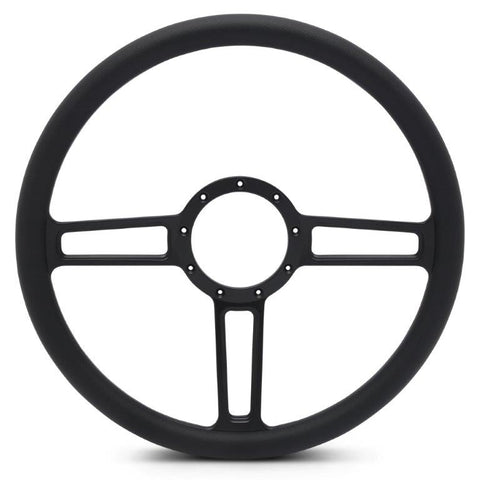 Steering Wheel,Launch style,Aluminum,15 1/2,Half-wrap,Made in the USA,Matte black Fusioncoat spokes,Black grip