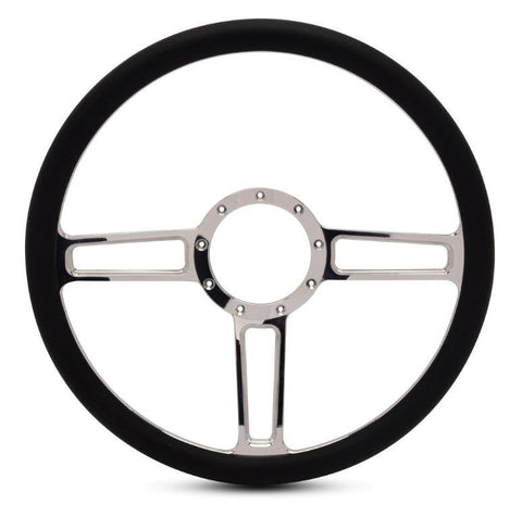 Steering Wheel,Launch style,Aluminum,15 1/2,Half-wrap,Made in the USA,Bright polished spokes,Black grip