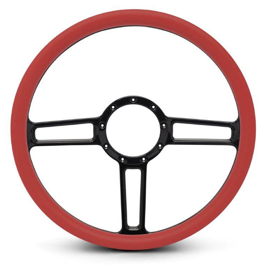 Steering Wheel,Launch style,Aluminum,15 1/2,Half-wrap,Made in the USA,Gloss black anodized spokes,Red grip