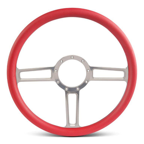Steering Wheel,Launch style,Aluminum,15 1/2,Half-wrap,Made in the USA,Clear anodized spokes,Red grip