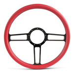 Steering Wheel,Launch style,Aluminum,15 1/2,Half-wrap,Made in USA,Black spokes w/machinedhighlights,Red grip