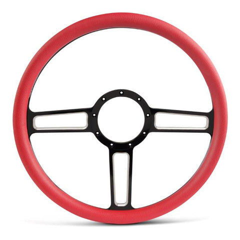 Steering Wheel,Launch style,Aluminum,15 1/2,Half-wrap,Made in USA,Black spokes w/machinedhighlights,Red grip