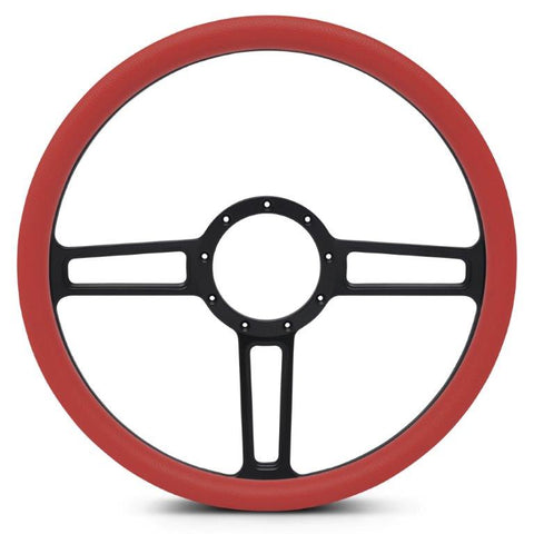 Steering Wheel,Launch style,Aluminum,15 1/2,Half-wrap,Made in the USA,Matte black Fusioncoat spokes,Red grip