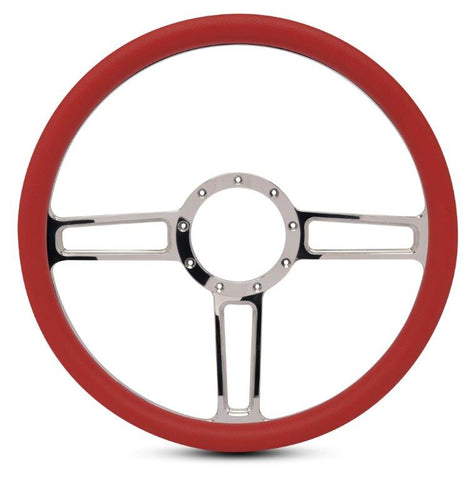 Steering Wheel,Launch style,Aluminum,15 1/2,Half-wrap,Made in the USA,Bright polished spokes,Red grip