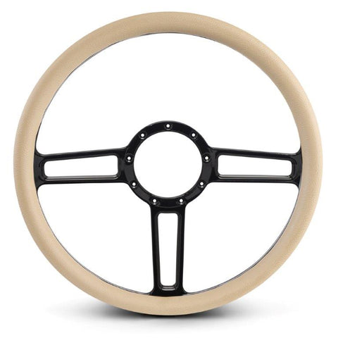 Steering Wheel,Launch style,Aluminum,15 1/2,Half-wrap,Made in the USA,Gloss black anodized spokes,Tan grip