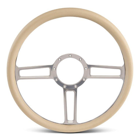 Steering Wheel,Launch style,Aluminum,15 1/2,Half-wrap,Made in the USA,Clear anodized spokes,Tan grip