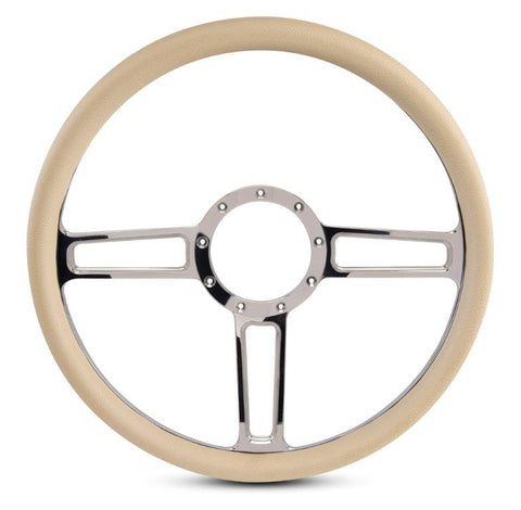 Steering Wheel,Launch style,Aluminum,15 1/2,Half-wrap,Made in the USA,Chrome spokes,Tan grip