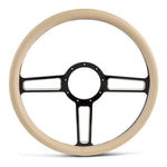 Steering Wheel,Launch style,Aluminum,15 1/2,Half-wrap,Made in USA,Black spokes w/machinedhighlights,Tan grip