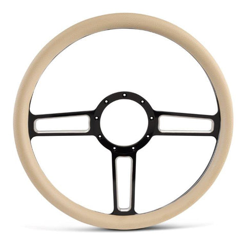 Steering Wheel,Launch style,Aluminum,15 1/2,Half-wrap,Made in USA,Black spokes w/machinedhighlights,Tan grip