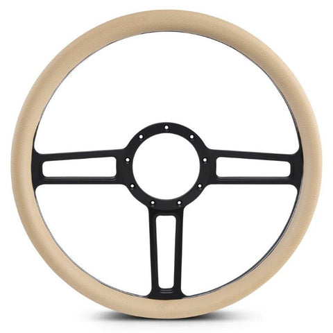 Steering Wheel,Launch style,Aluminum,15 1/2,Half-wrap,Made in the USA,Matte black Fusioncoat spokes,Tan grip