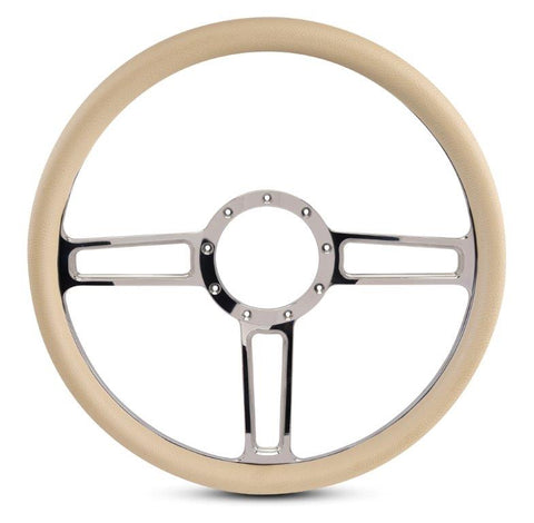 Steering Wheel,Launch style,Aluminum,15 1/2,Half-wrap,Made in the USA,Bright polished spokes,Tan grip