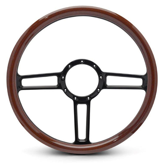 Steering Wheel,Launch style,Aluminum,15 1/2,Half-wrap,Made In USA,Gloss black anodize spokes,Wood grip