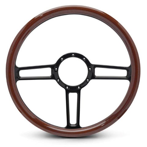 Steering Wheel,Launch style,Aluminum,15 1/2,Half-wrap,Made In USA,Gloss black anodize spokes,Wood grip