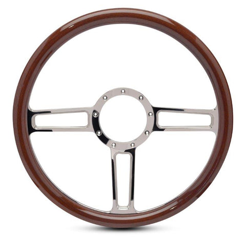 Steering Wheel,Launch style,Aluminum,15 1/2,Half-wrap,Made In USA,Chrome plated spokes,Wood grip