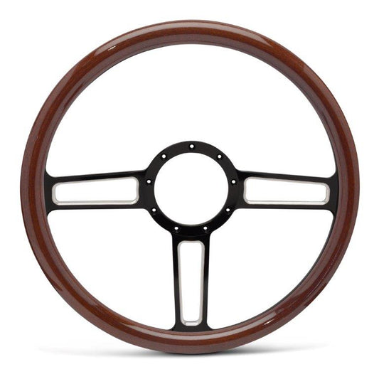 Steering Wheel,Launch style,Aluminum,15 1/2,Half-wrap,Made In USA,Black spokes w/machine highlights,Wood grip