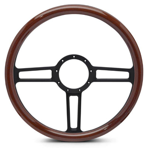 Steering Wheel,Launch style,Aluminum,15 1/2,Half-wrap,Made In USA,Matte black spokes,Wood grip