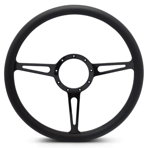 Steering Wheel,Classic style,Aluminum,15 1/2,Half-wrap,Made in the USA,Gloss black anodized spokes,Black grip