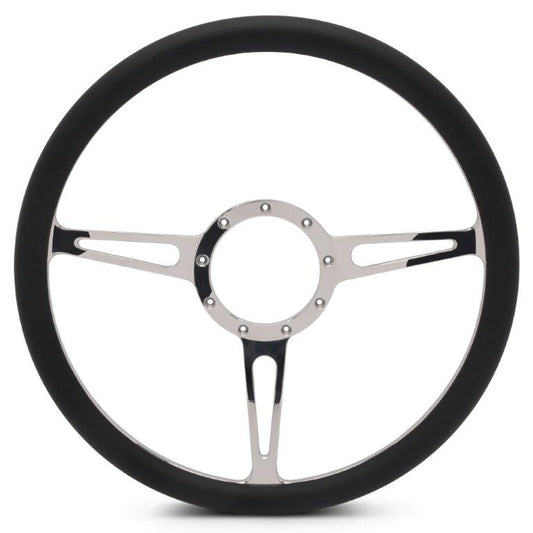 Steering Wheel,Classic style,Aluminum,15 1/2,Half-wrap,Made in the USA,Chrome spokes,Black grip