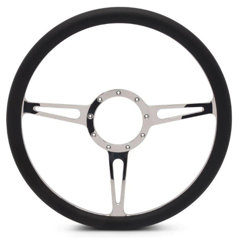 Steering Wheel,Classic style,Aluminum,15 1/2,Half-wrap,Made in the USA,bright clear coat spokes,Black grip