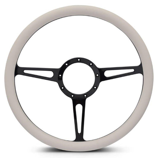 Steering Wheel,Classic style,Aluminum,15 1/2,Half-wrap,Made in the USA,Gloss black anodized spokes,White grip