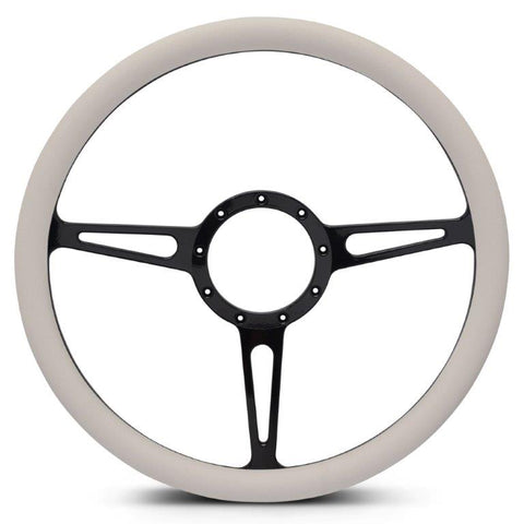 Steering Wheel,Classic style,Aluminum,15 1/2,Half-wrap,Made in the USA,Gloss black Fusioncoat spokes,White grip