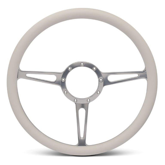 Steering Wheel,Classic style,Aluminum,15 1/2,Half-wrap,Made in the USA,Clear anodized spokes,White grip