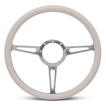 Steering Wheel,Classic style,Aluminum,15 1/2,Half-wrap,Made in the USA,Clear anodized spokes,White grip