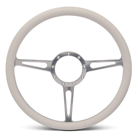 Steering Wheel,Classic style,Aluminum,15 1/2,Half-wrap,Made in the USA,Clear anodized spokes,White grip