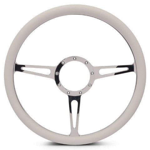 Steering Wheel,Classic style,Aluminum,15 1/2,Half-wrap,Made in the USA,Chrome spokes,White grip