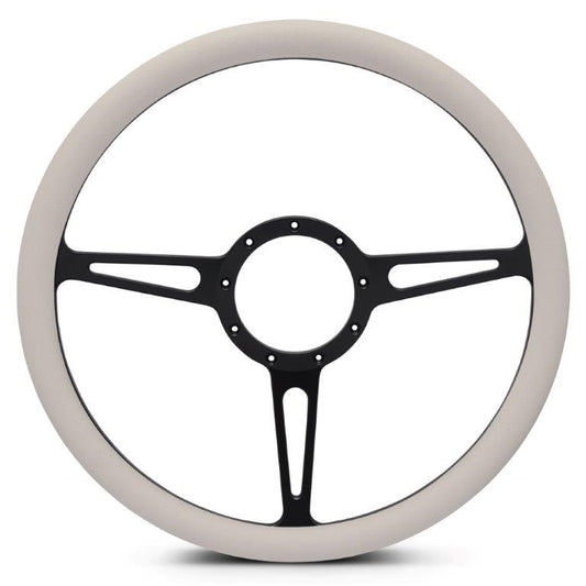 Steering Wheel,Classic style,Aluminum,15 1/2,Half-wrap,Made in the USA,Matte black Fusioncoat spokes,White grip