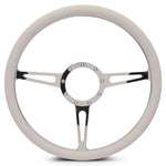 Steering Wheel,Classic style,Aluminum,15 1/2,Half-wrap,Made in the USA,Bright polished spokes,White grip