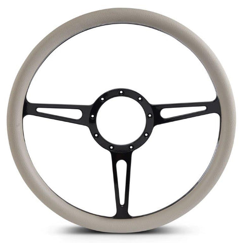 Steering Wheel,Classic style,Aluminum,15 1/2,Half-wrap,Made in the USA,Gloss black anodized spokes,Grey grip