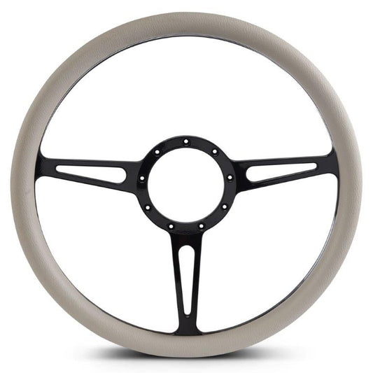 Steering Wheel,Classic style,Aluminum,15 1/2,Half-wrap,Made in the USA,Gloss black Fusioncoat spokes,Grey grip