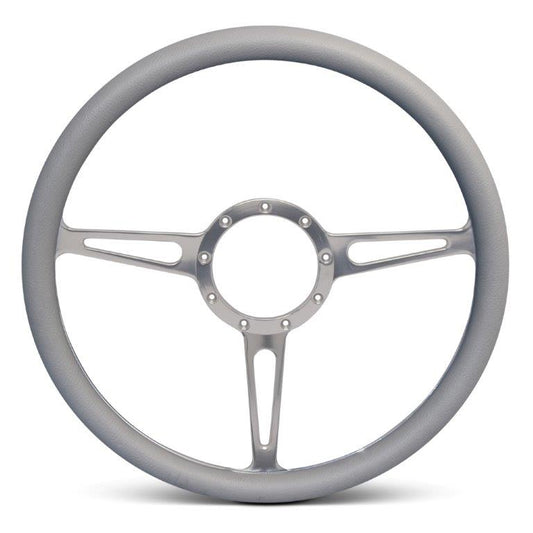 Steering Wheel,Classic style,Aluminum,15 1/2,Half-wrap,Made in the USA,Clear anodized spokes,Grey grip