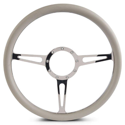 Steering Wheel,Classic style,Aluminum,15 1/2,Half-wrap,Made in the USA,Chrome spokes,Grey grip