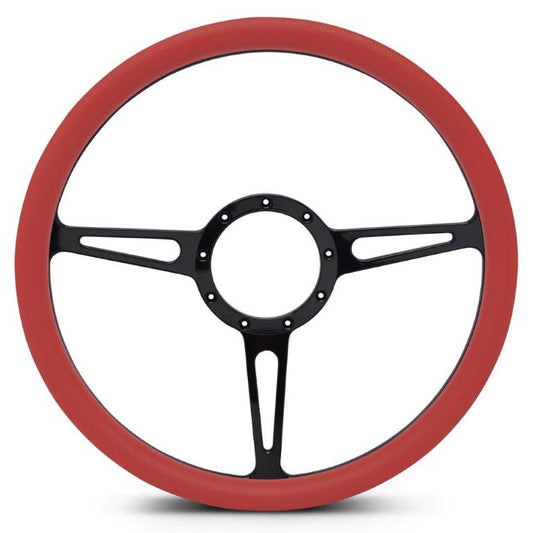 Steering Wheel,Classic style,Aluminum,15 1/2,Half-wrap,Made in the USA,Gloss black anodized spokes,Red grip