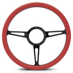 Steering Wheel,Classic style,Aluminum,15 1/2,Half-wrap,Made in the USA,Gloss black anodized spokes,Red grip