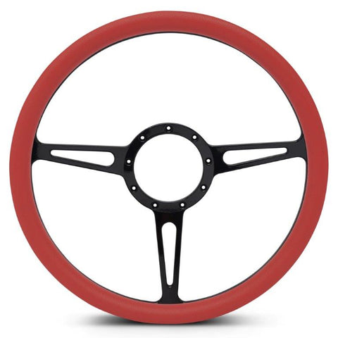 Steering Wheel,Classic style,Aluminum,15 1/2,Half-wrap,Made in the USA,Gloss black Fusioncoat spokes,Red grip