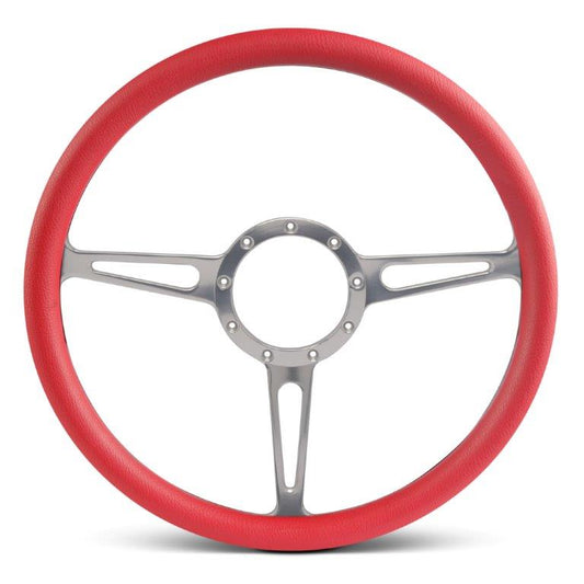 Steering Wheel,Classic style,Aluminum,15 1/2,Half-wrap,Made in the USA,Clear anodized spokes,Red grip