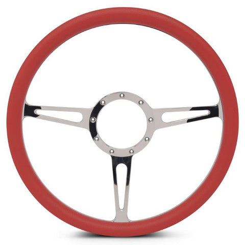 Steering Wheel,Classic style,Aluminum,15 1/2,Half-wrap,Made in the USA,Chrome spokes,Red grip