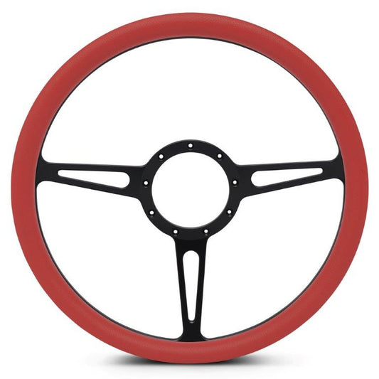 Steering Wheel,Classic style,Aluminum,15 1/2,Half-wrap,Made in the USA,Matte black Fusioncoat spokes,Red grip