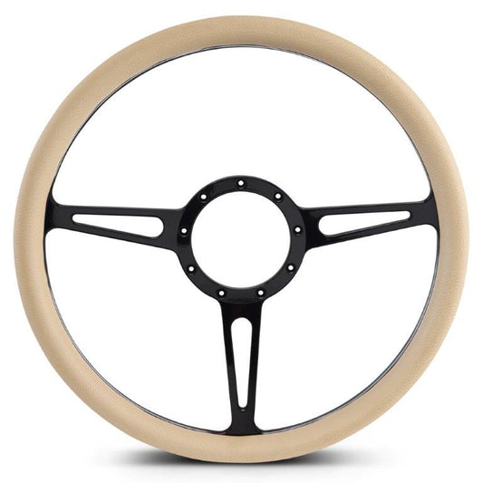 Steering Wheel,Classic style,Aluminum,15 1/2,Half-wrap,Made in the USA,Gloss black anodized spokes,Tan grip